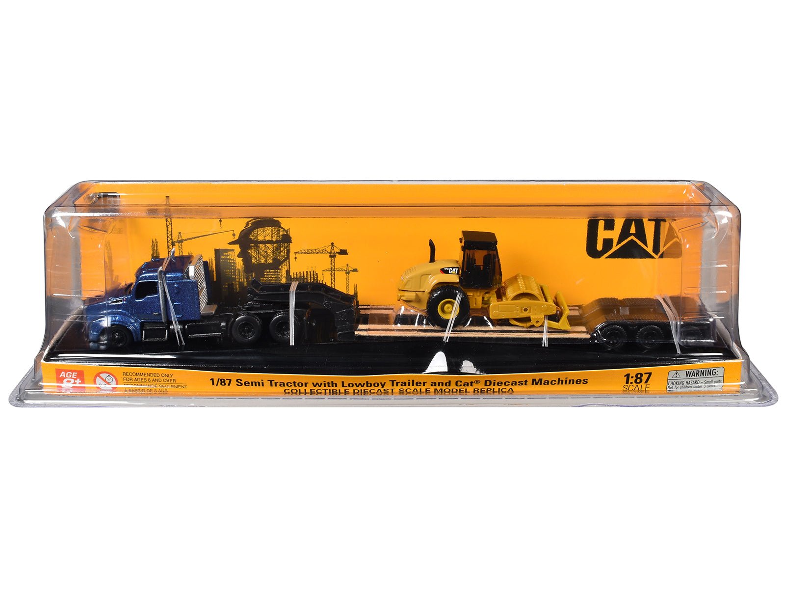Kenworth T880 Tractor Blue Metallic with Lowboy Trailer and CAT Padfoot Roller Yellow 1/87 (HO) Diecast Model by Diecast Masters free shipping USA - Rapid Vehicles
