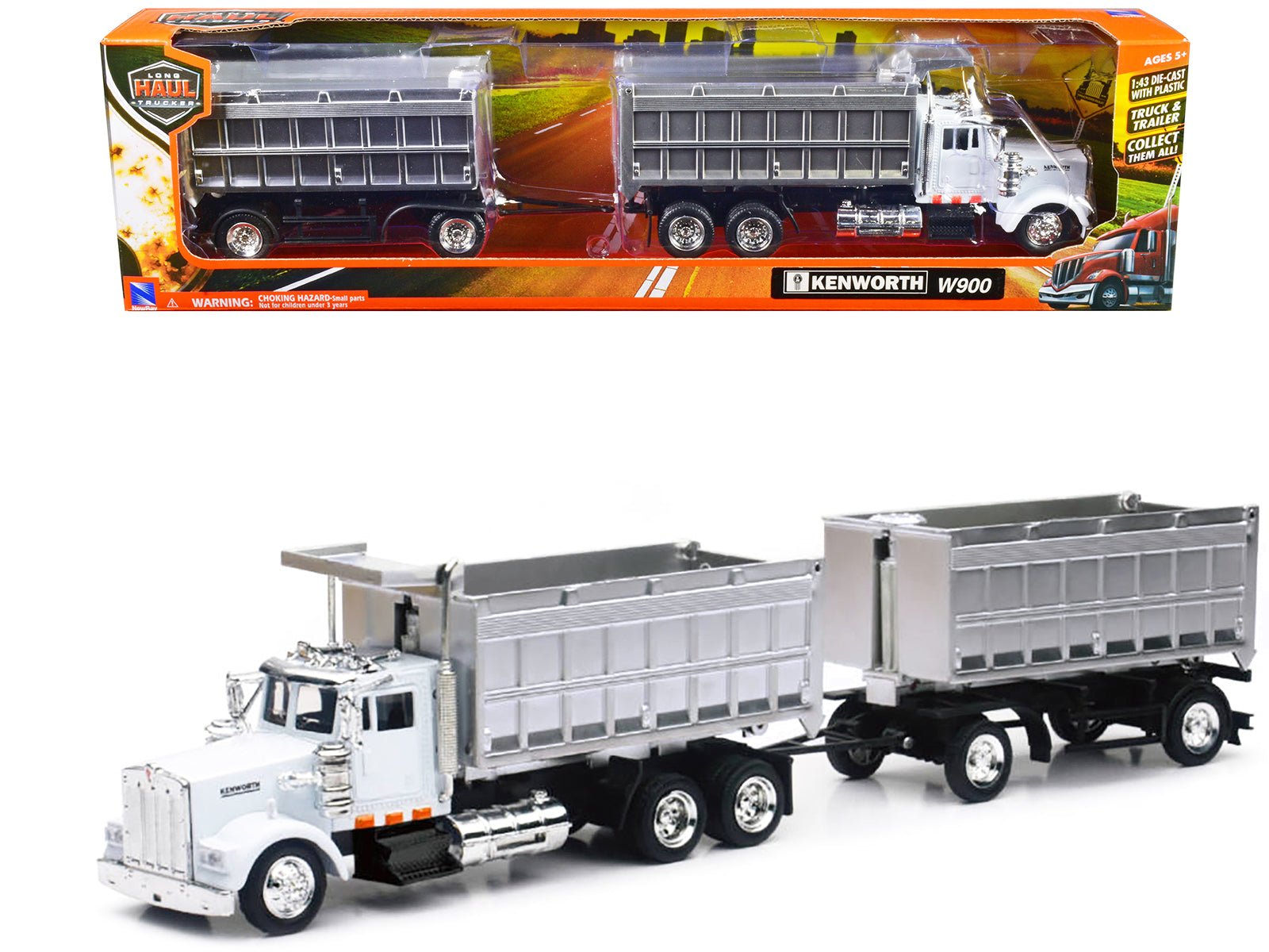 Kenworth W900 Dump Truck with Twin Dump Body White and Chrome "Long Haul Trucker" Series 1/43 Diecast Model by New Ray free shipping USA - Rapid Vehicles
