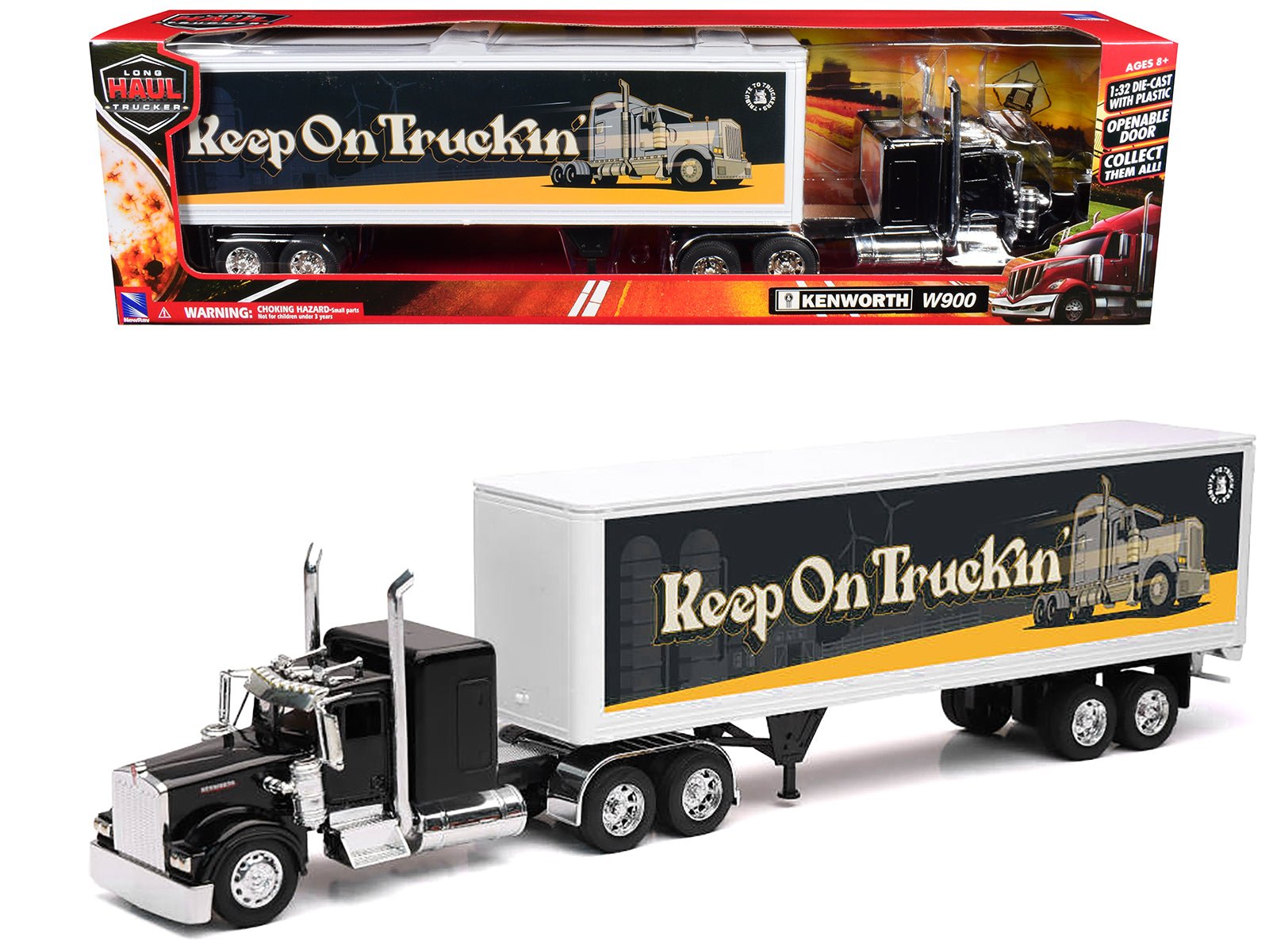 Kenworth W900 Truck Black with Dry Van Trailer "Tribute To Truckers Keep on Truckin'" "Long Haul Truckers" Series 1/32 Diecast Model by New Ray free shipping USA - Rapid Vehicles