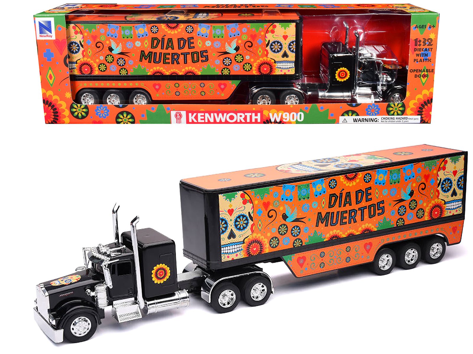 Kenworth W900 Truck Black with Graphics and Dry Van Trailer "Dia De Muertos" 1/32 Diecast Model by New Ray free shipping USA - Rapid Vehicles