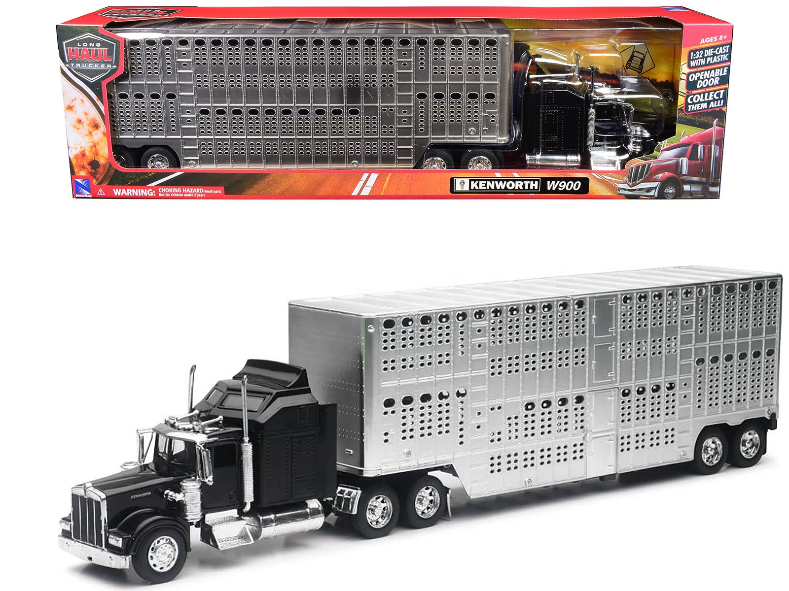 Kenworth W900 Truck Black with Pot Belly Livestock Chrome "Long Haul Truckers" Series 1/32 Diecast Model by New Ray free shipping USA - Rapid Vehicles