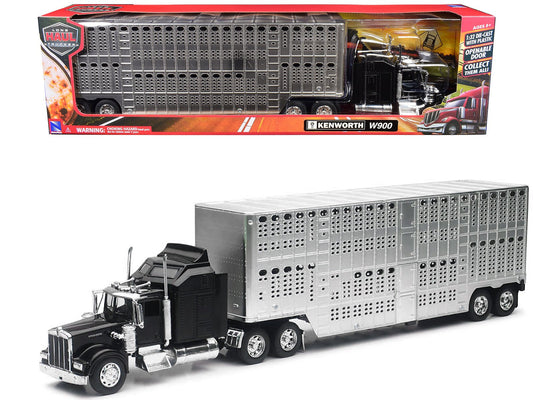 Kenworth W900 Truck Black with Pot Belly Livestock Chrome "Long Haul Truckers" Series 1/32 Diecast Model by New Ray free shipping USA - Rapid Vehicles