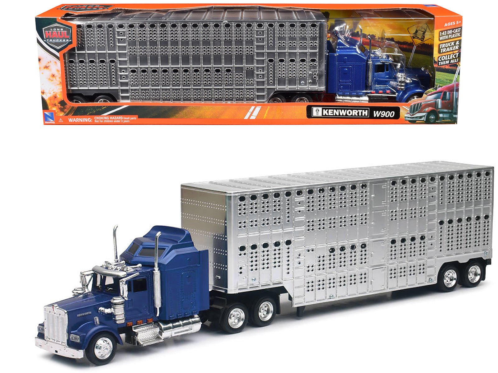 Kenworth W900 Truck Blue with Potbelly Livestock Trailer Chrome "Long Haul Truckers" Series 1/43 Diecast Model by New Ray free shipping USA - Rapid Vehicles