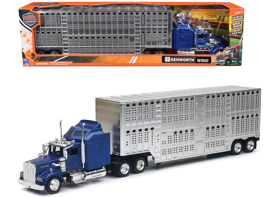 Kenworth W900 Truck Blue with Potbelly Livestock Trailer Chrome "Long Haul Truckers" Series 1/43 Diecast Model by New Ray free shipping USA - Rapid Vehicles