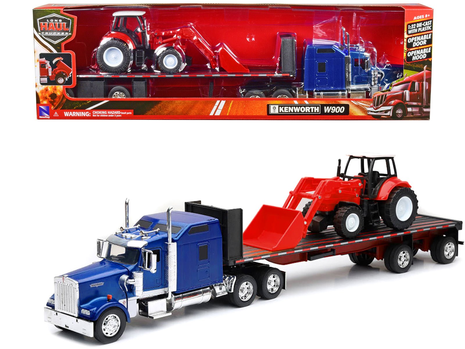 Kenworth W900 Truck with Flatbed Trailer Blue Metallic with Farm Tractor Red "Long Haul Truckers" Series 1/32 Diecast Model by New Ray free shipping USA - Rapid Vehicles