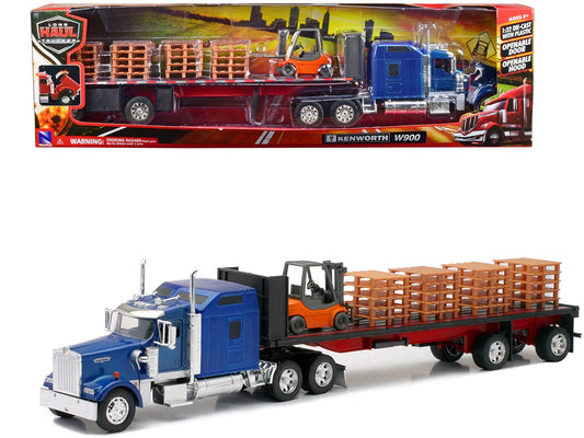 Kenworth W900 Truck with Flatbed Trailer Blue with Forklift and Pallets "Long Haul Truckers" Series 1/32 Diecast Model by New Ray free shipping USA - Rapid Vehicles