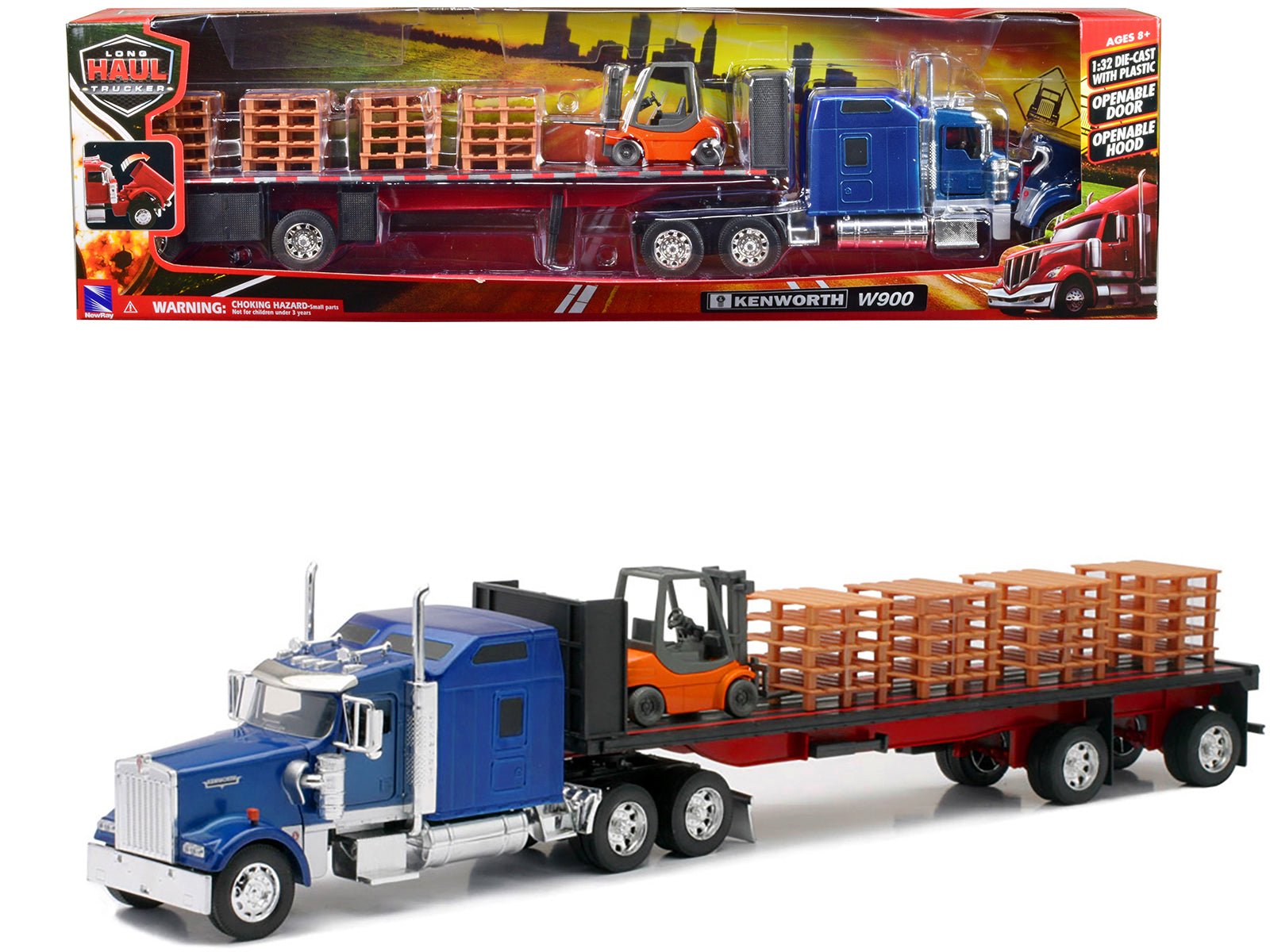 Kenworth W900 Truck with Flatbed Trailer Blue with Forklift and Pallets "Long Haul Truckers" Series 1/32 Diecast Model by New Ray free shipping USA - Rapid Vehicles