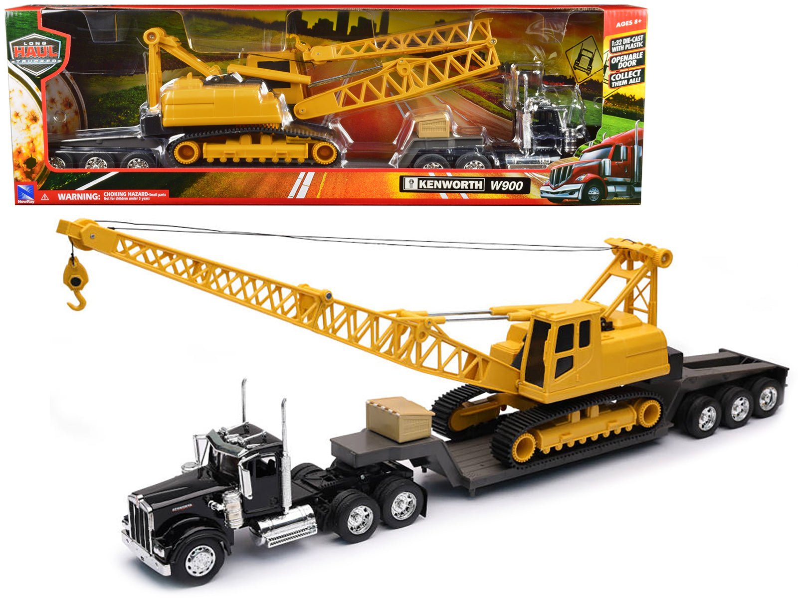 Kenworth W900 Truck with Lowboy Trailer Black and Crane Yellow "Long Haul Trucker" Series 1/32 Diecast Model by New Ray free shipping USA - Rapid Vehicles