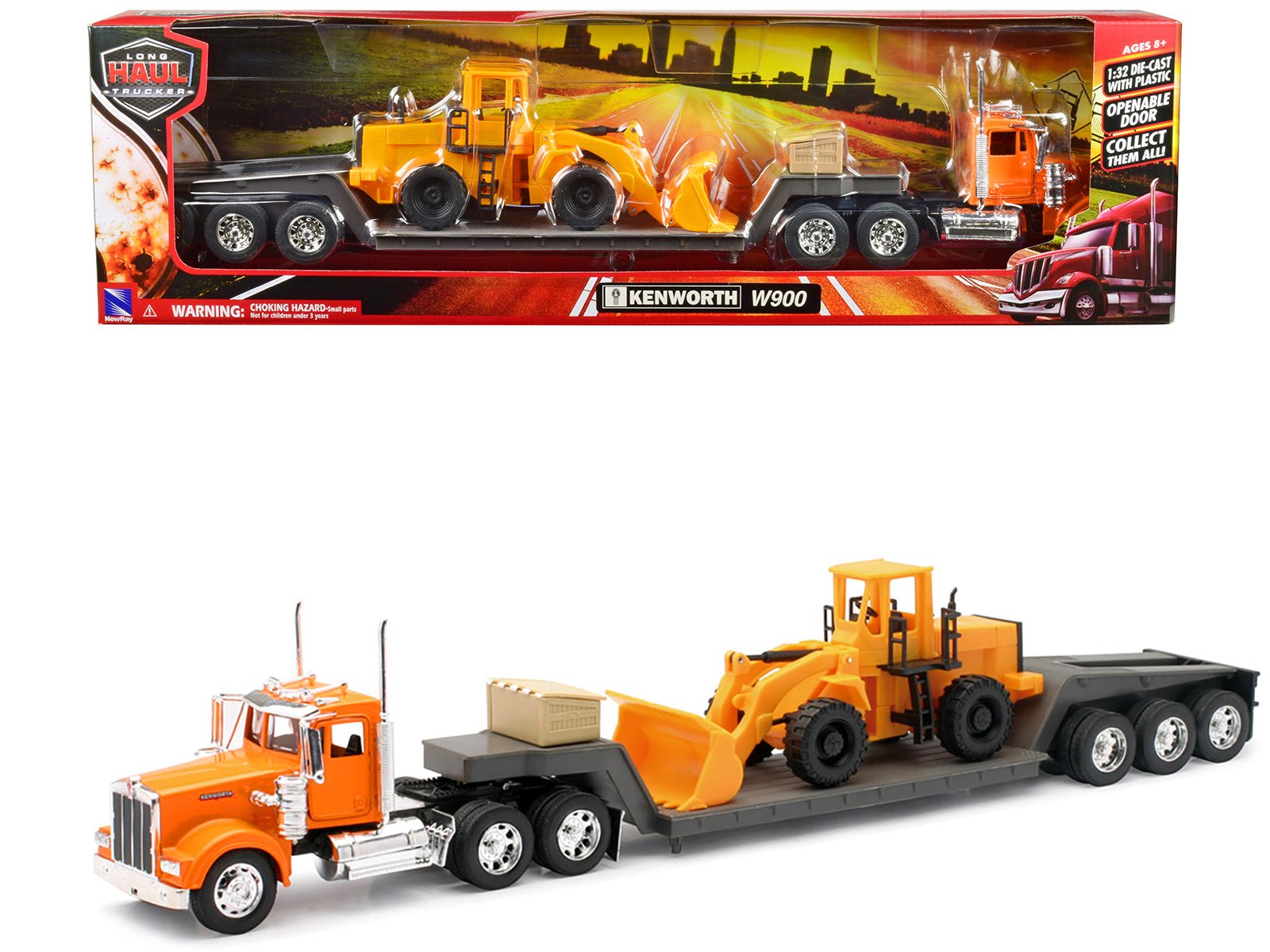 Kenworth W900 Truck with Lowboy Trailer Orange and Wheel Loader Yellow "Long Haul Trucker" Series 1/32 Diecast Model by New Ray free shipping USA - Rapid Vehicles