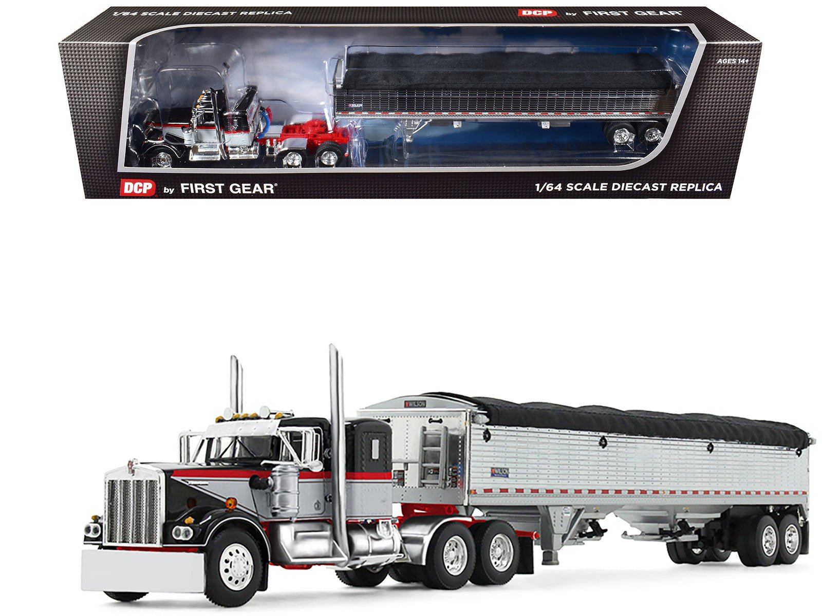 Kenworth W900A with 36" Sleeper and 43' Wilson Pacesetter Grain Trailer Black and Gray with Viper Red Stripes 1/64 Diecast Model by DCP/First Gear free shipping USA - Rapid Vehicles