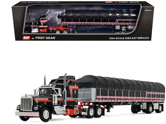 Kenworth W900A with 60" Aerodyne Sleeper and 53’ Wilson Roadbrute Flatbed Trailer with Covered Wagon Black with Red Stripes 1/64 Diecast Model by DCP/First Gear free shipping USA - Rapid Vehicles