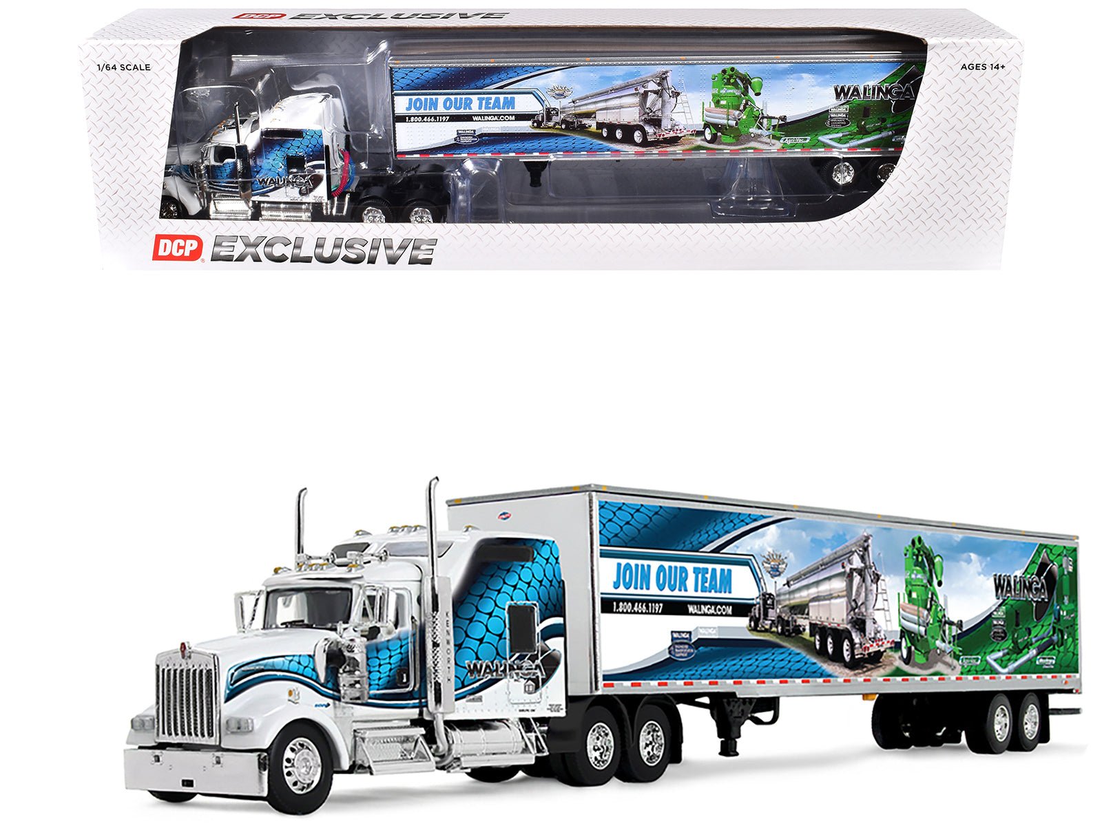 Kenworth W900L with 86" Studio Sleeper and 53' Utility Trailer with Skirts "Walinga" White with Blue Graphics 1/64 Diecast Model by DCP/First Gear free shipping USA - Rapid Vehicles
