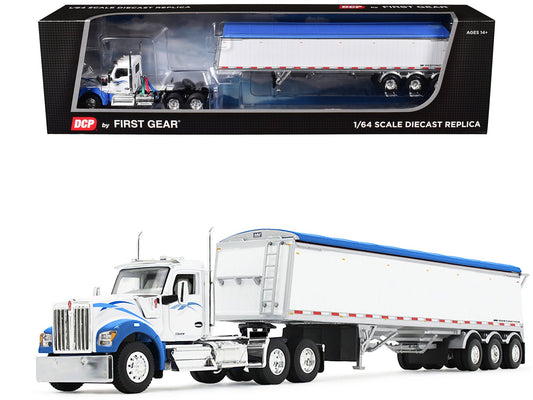 Kenworth W990 Day Cab and Lode King Distinction Hopper Trailer White and Blue 1/64 Diecast Model by DCP/First Gear free shipping USA - Rapid Vehicles