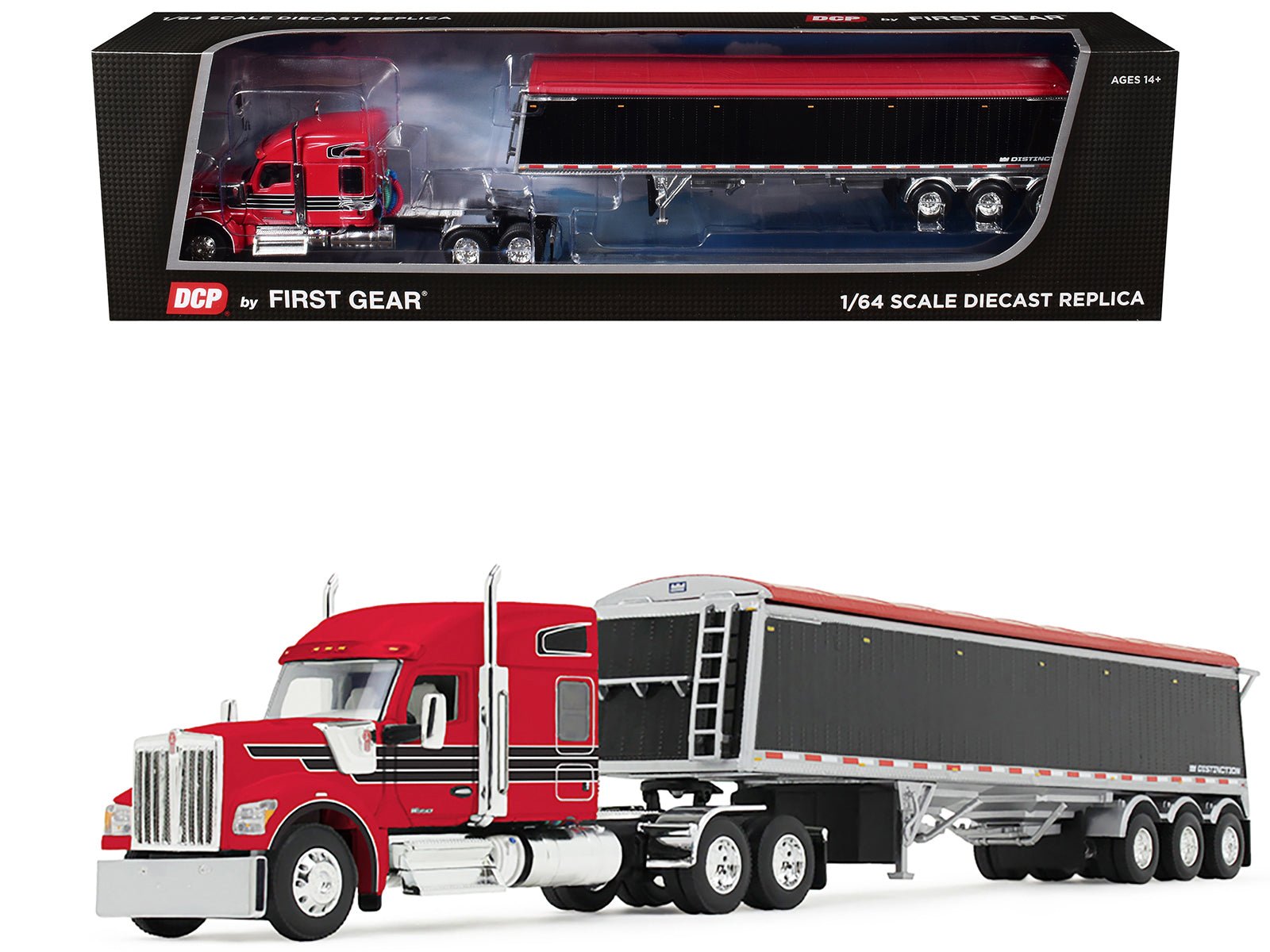 Kenworth W990 with 76" Mid - Roof Sleeper and Lode King Distinction Hopper Trailer Red and Black 1/64 Diecast Model by DCP/First Gear free shipping USA - Rapid Vehicles