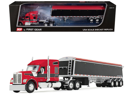 Kenworth W990 with 76" Mid - Roof Sleeper and Lode King Distinction Hopper Trailer Red and Black 1/64 Diecast Model by DCP/First Gear free shipping USA - Rapid Vehicles