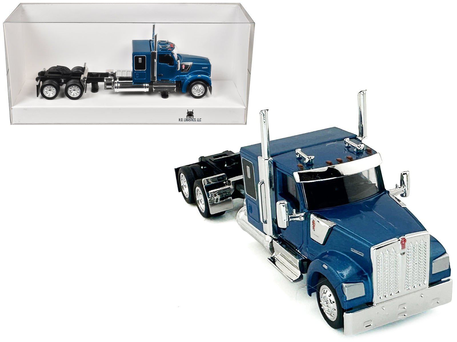 Kenworth W990 with Flat Top Sleeper Cab Blue Metallic 1/87 (HO) Plastic Model Car by HO Logistics free shipping USA - Rapid Vehicles