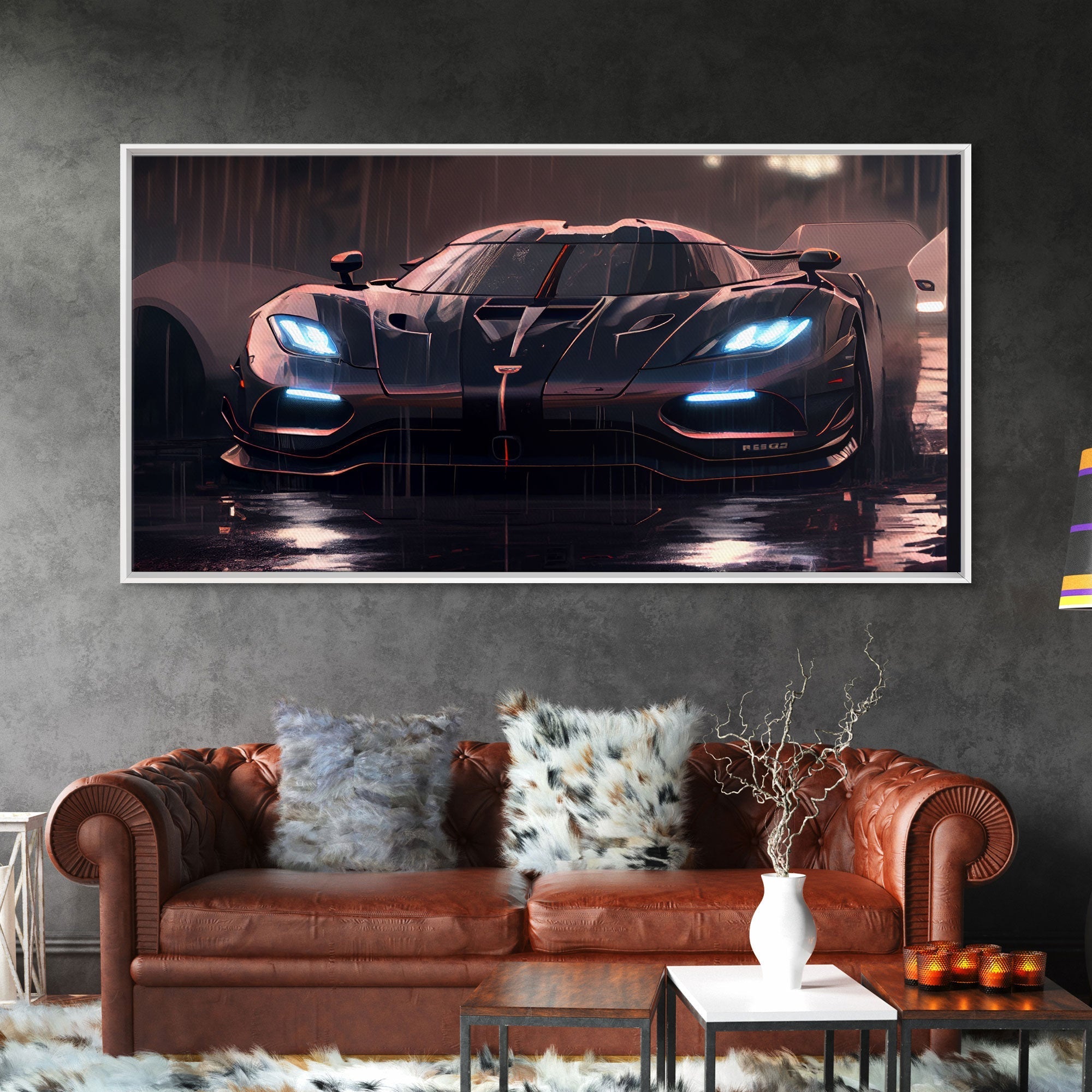 Koenigsegg Agera in the Rain, Supercar Art, Framed Canvas Print - Rapid Vehicles