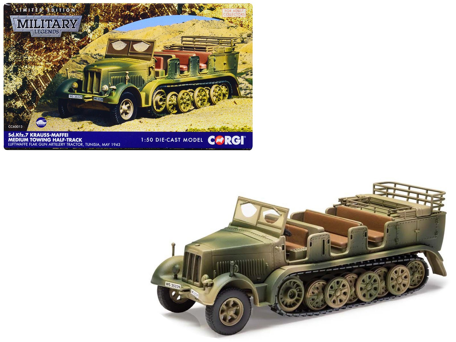 Krauss - Maffei Sd.Kfz.7 Medium Towing Half - Track AFV "Luftwaffe FlaK Gun Artillery Tractor Tunisia" (1943) German Army "Military Legends" Series 1/50 Diecast Model by Corgi free shipping USA - Rapid Vehicles