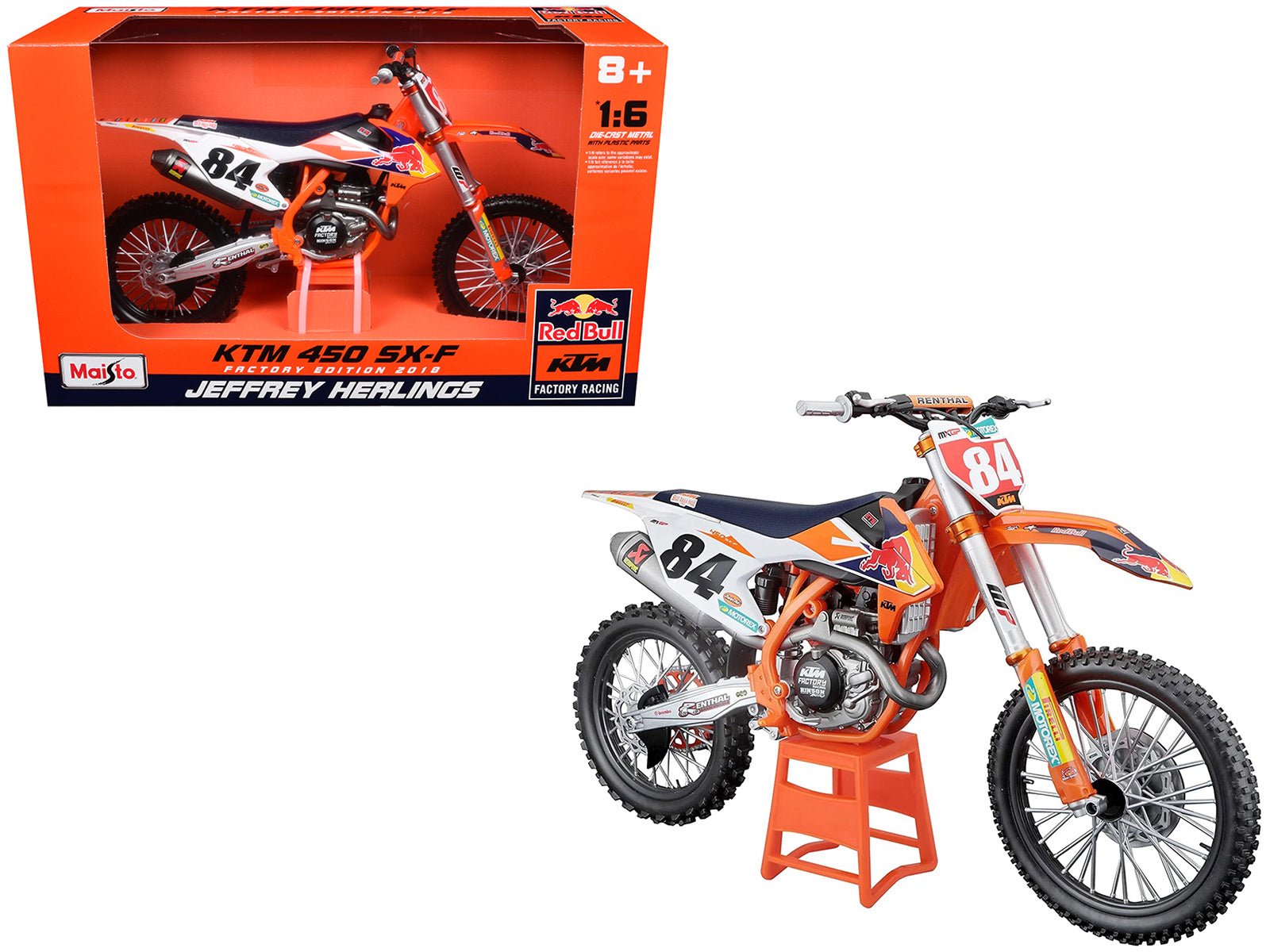 KTM 450 SX - F 84 Jeffrey Herlings "Red Bull KTM Factory Racing" (2018) 1/6 Diecast Motorcycle Model by Maisto free shipping USA - Rapid Vehicles