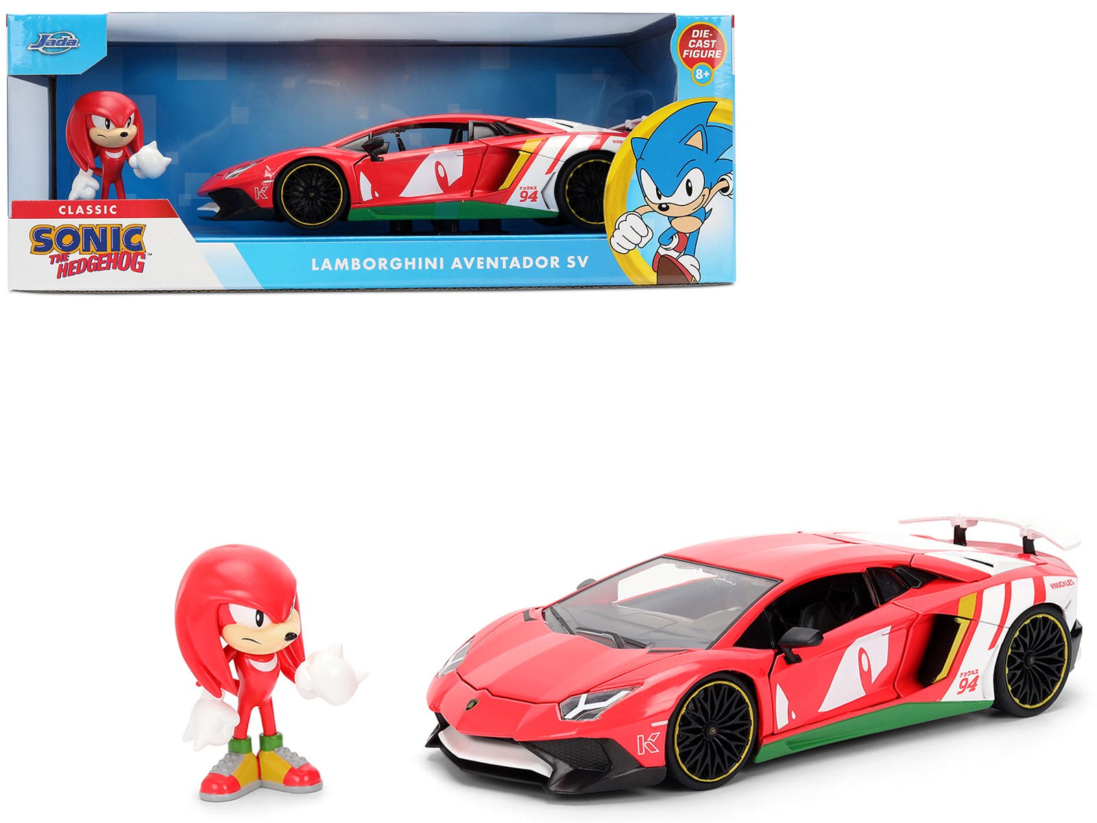 Lamborghini Aventador SV Red with Graphics and Knuckles Diecast Figure "Sonic The Hedgehog" Franchise "Hollywood Rides" Series 1/24 Diecast Model by Jada free shipping USA - Rapid Vehicles