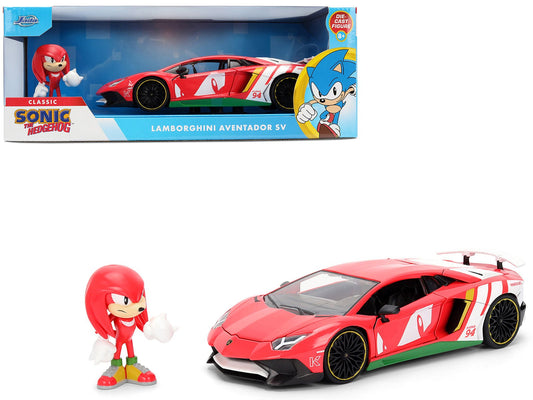 Lamborghini Aventador SV Red with Graphics and Knuckles Diecast Figure "Sonic The Hedgehog" Franchise "Hollywood Rides" Series 1/24 Diecast Model by Jada free shipping USA - Rapid Vehicles