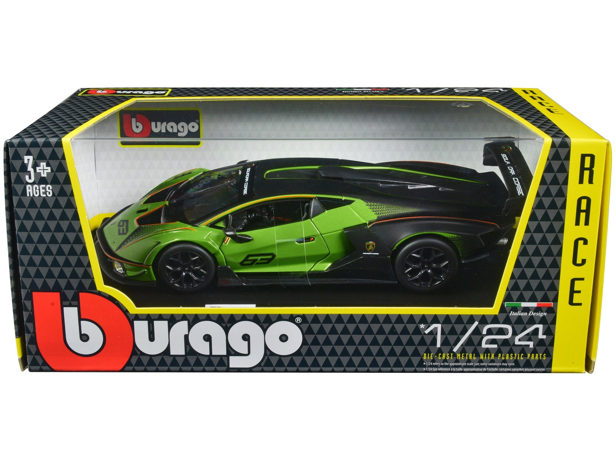 Lamborghini Essenza SCV12 63 Green Metallic and Black "Squadra Corse" "Race" Series 1/24 Diecast Model Car by Bburago free shipping USA - Rapid Vehicles