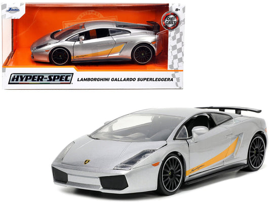 Lamborghini Gallardo Superleggera Silver Metallic with Yellow Stripes "Hyper-Spec" Series 1/24 Diecast Model Car by Jada free shipping USA - Rapid Vehicles