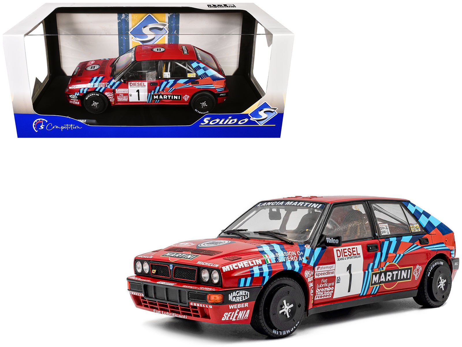 Lancia Delta HF Integrale 1 Miki Biasion - Tiziano Siviero Winner "Rally Sanremo" (1989) "Competition" Series 1/18 Diecast Model Car by Solido free shipping USA - Rapid Vehicles