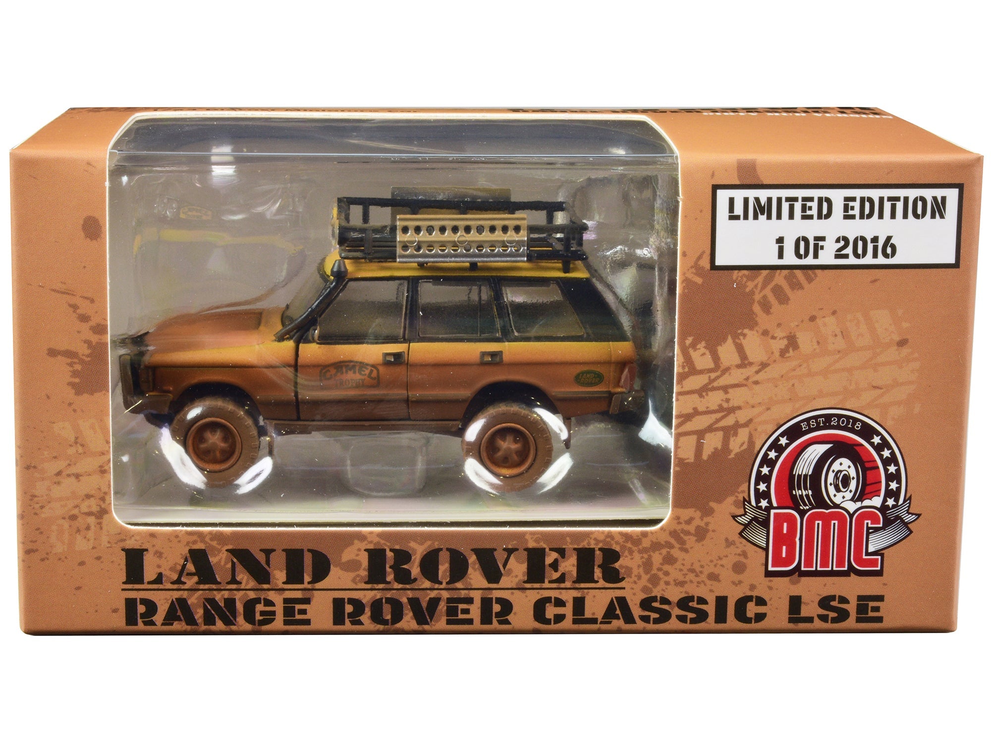 Land Rover Range Rover Classic LSE RHD (Right Hand Drive) "Camel Trophy" Yellow (Dirty Mud Version) with Roof Rack Extra Wheels and Accessories Limited Edition to 2016 pieces Worldwide 1/64 Diecast Model Car by BM Creations free shipping USA - Rapid Vehicles