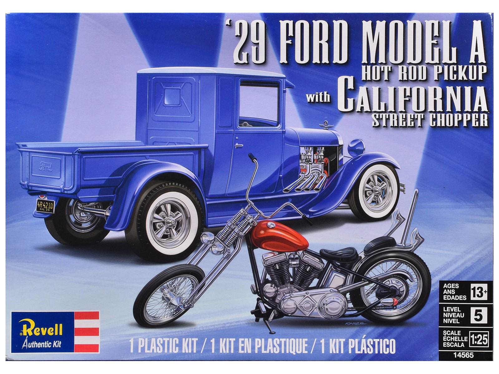 Level 5 Model Kit 1929 Ford Model A Hot Rod Pickup Truck and California Street Chopper Motorcycle 1/25 Scale Model by Revell free shipping USA - Rapid Vehicles