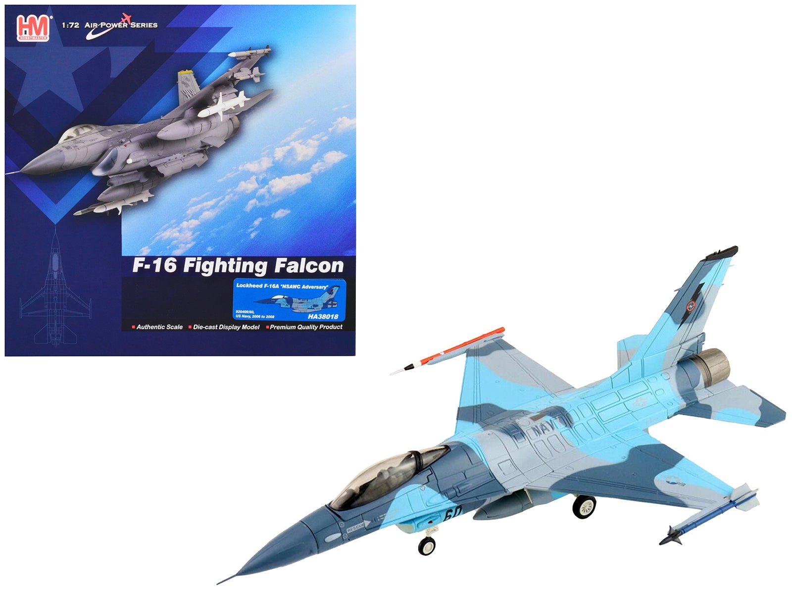 Lockheed F - 16A Fighting Falcon Fighter Aircraft "NSAWC Adversary" (2006 - 2008) United States Navy "Air Power Series" 1/72 Diecast Model by Hobby Master free shipping USA - Rapid Vehicles