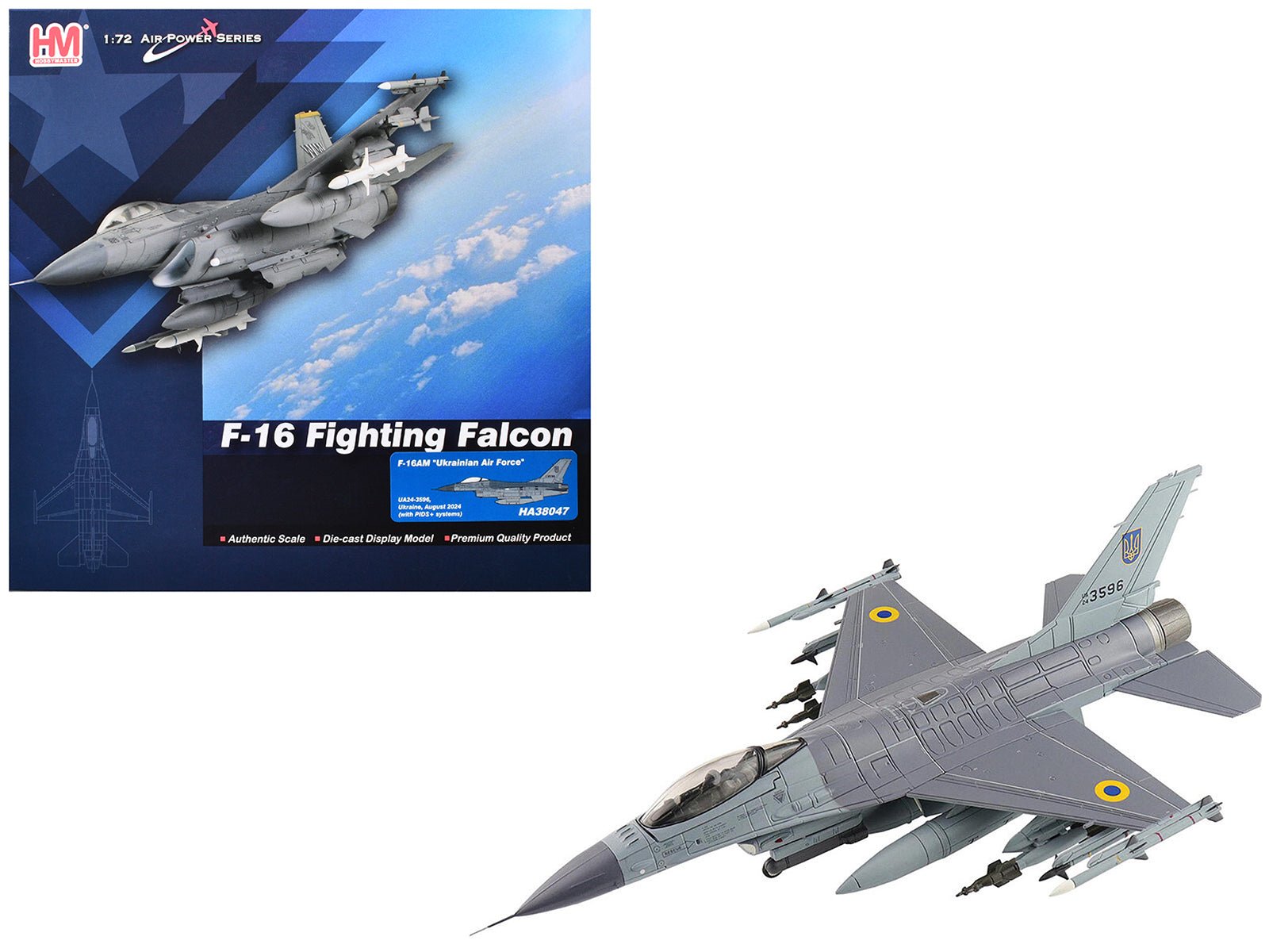 Lockheed F - 16AM Fighting Falcon Fighter Aircraft "UA24 - 3596 Pylon Integrated Dispenser System Plus" (2024) Ukrainian Air Force "Air Power Series" 1/72 Diecast Model by Hobby Master free shipping USA - Rapid Vehicles