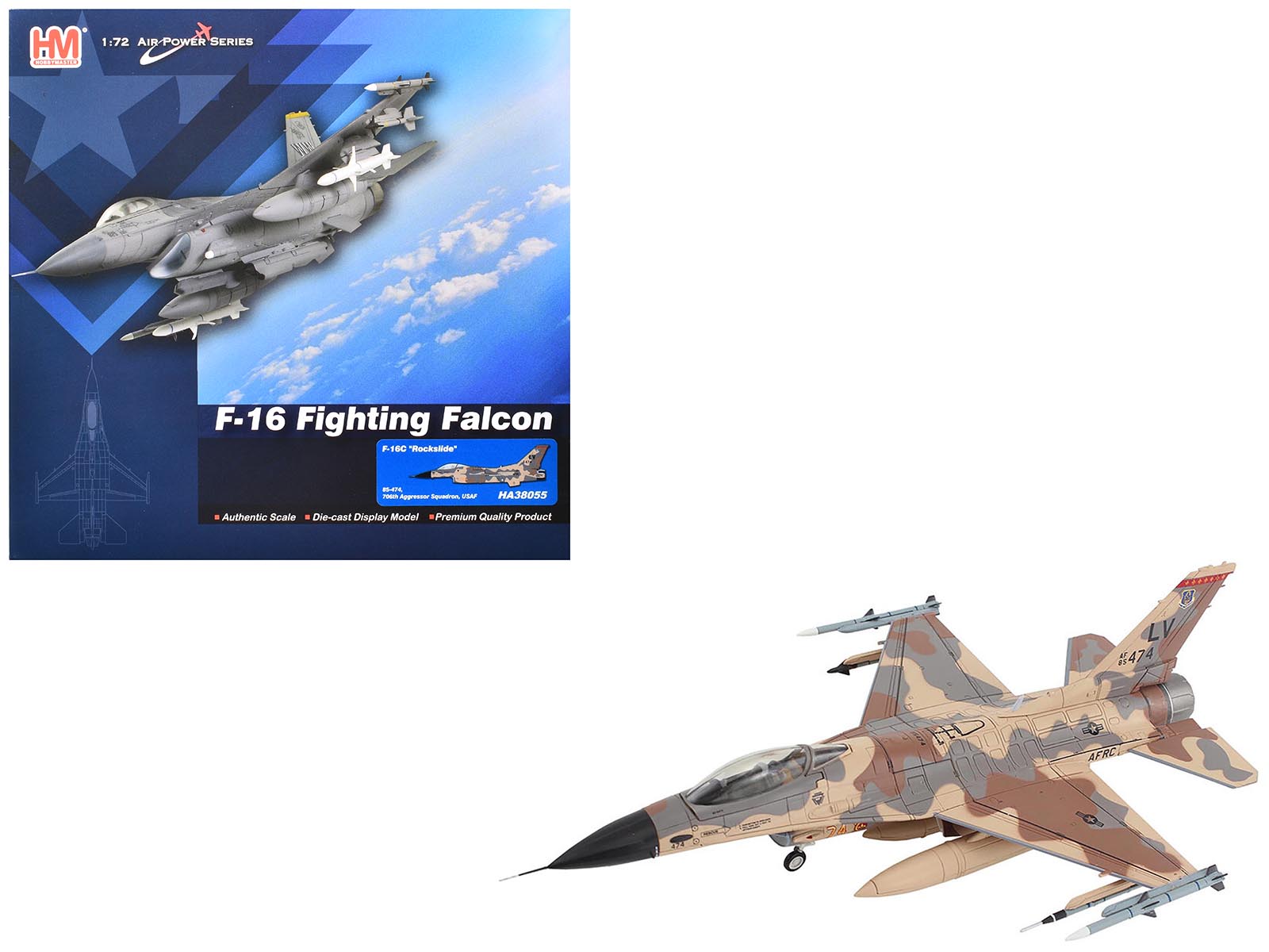 Lockheed F - 16C Fighting Falcon Fighter Aircraft "85 - 474 Rockslide 706th Aggressor Squadron" United States Air Force "Air Power Series" 1/72 Diecast Model by Hobby Master free shipping USA - Rapid Vehicles