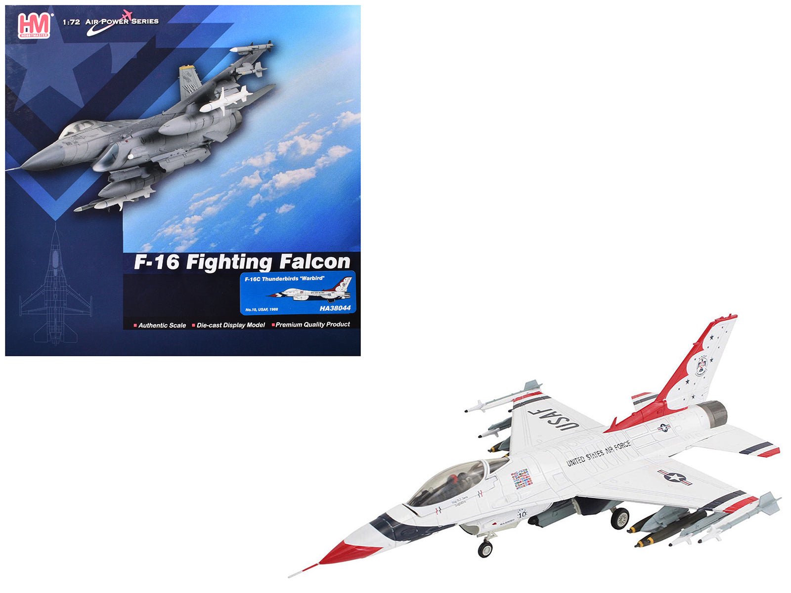 Lockheed F - 16C Fighting Falcon Fighter Aircraft "No.10 Thunderbirds Warbird" United States Air Force "Air Power Series" 1/72 Diecast Model by Hobby Master free shipping USA - Rapid Vehicles