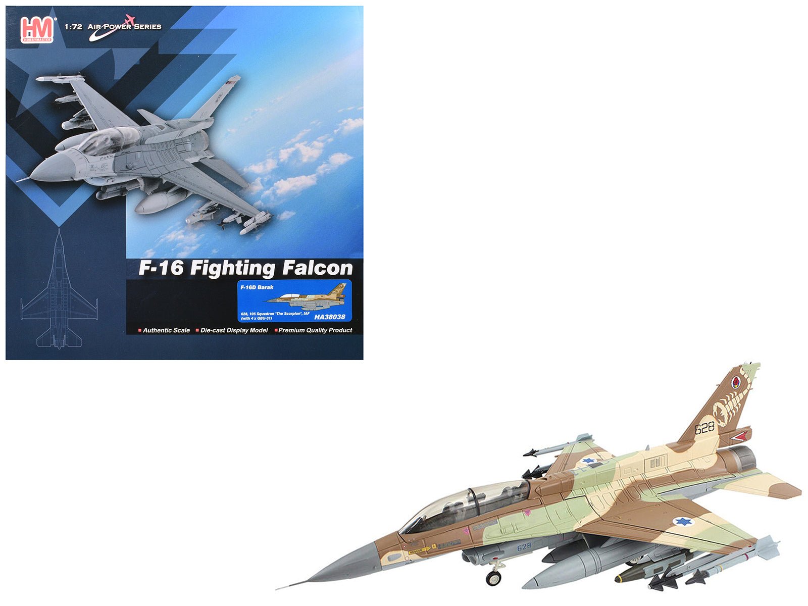 Lockheed F - 16D Fighting Falcon Fighter Aircraft "628 Barak 105 Squadron The Scorpion" Israeli Air Force "Air Power Series" 1/72 Diecast Model by Hobby Master free shipping USA - Rapid Vehicles