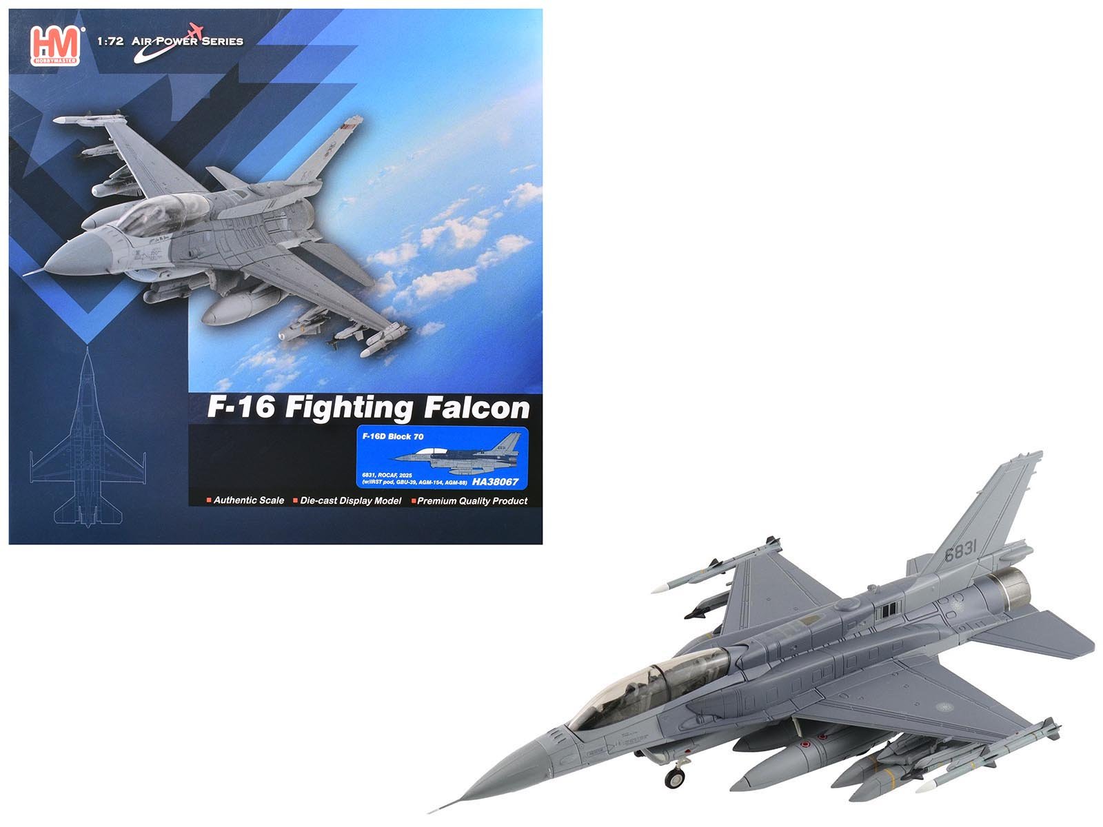 Lockheed F-16D Fighting Falcon Fighter Aircraft "6831 Block 70" (2025) Republic of China Air Force "Air Power Series" 1/72 Diecast Model by Hobby Master free shipping USA - Rapid Vehicles