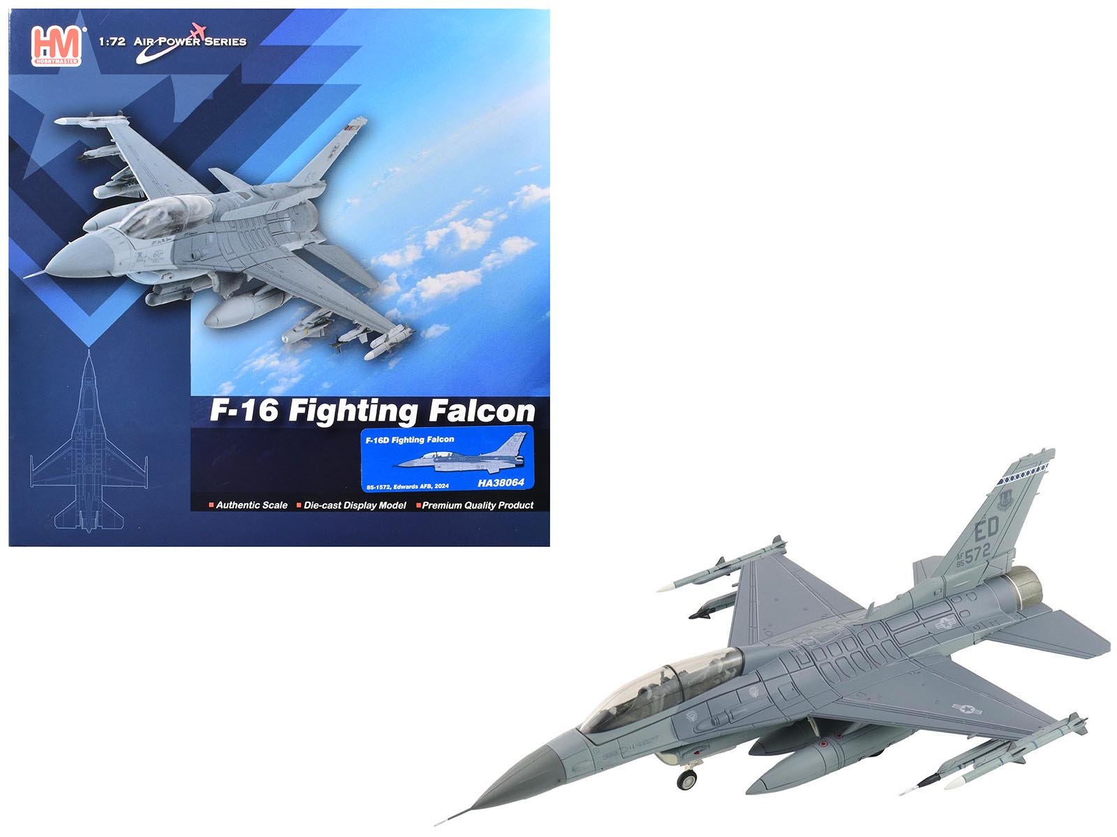 Lockheed F-16D Fighting Falcon Fighter Aircraft "85-1572 Edwards Air Force Base" (2024) United States Air Force "Air Power Series" 1/72 Diecast Model by Hobby Master free shipping USA - Rapid Vehicles