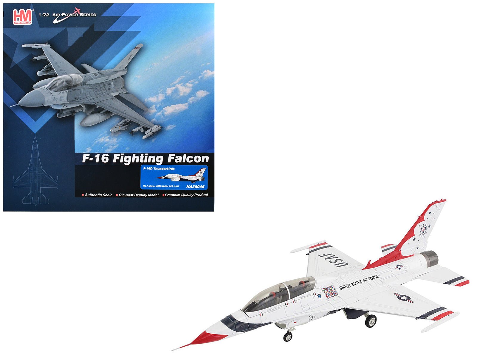 Lockheed F - 16D Fighting Falcon Fighter Aircraft "No.7 Thunderbirds Nellis Air Force Base" (2017) United States Air Force "Air Power Series" 1/72 Diecast Model by Hobby Master free shipping USA - Rapid Vehicles