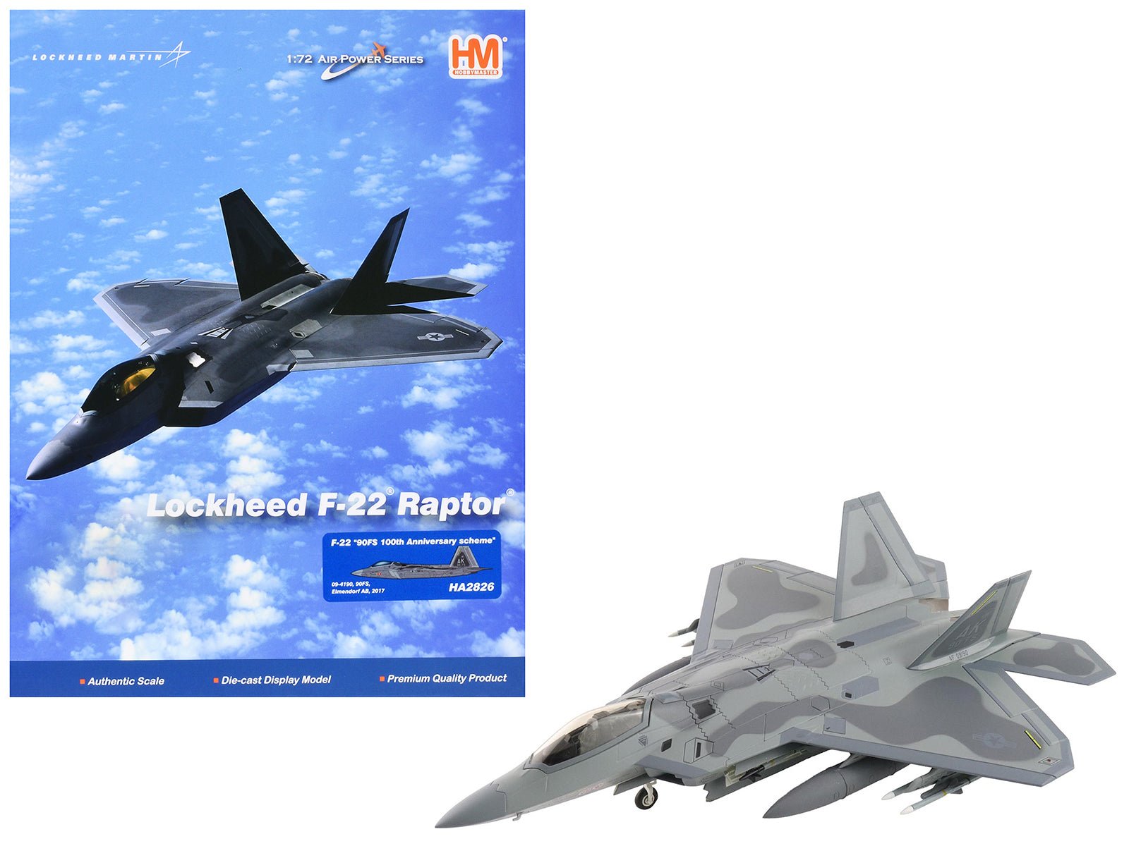 Lockheed F - 22 Raptor Stealth Aircraft "09 - 4190 90th Fighter Squadron 100th Anniversary Elmendorf Air Base" (2017) United States Air Force "Air Power Series" 1/72 Diecast Model by Hobby Master free shipping USA - Rapid Vehicles