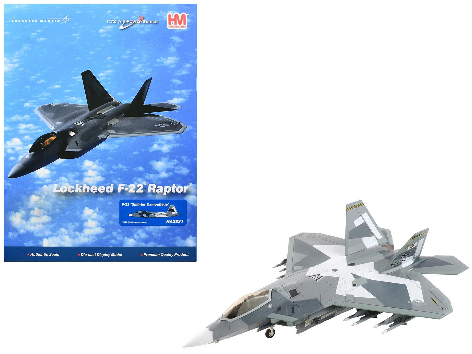 Lockheed F - 22 Raptor Stealth Aircraft "Splinter Camouflage" United States Air Force "Air Power Series" 1/72 Diecast Model by Hobby Master free shipping USA - Rapid Vehicles