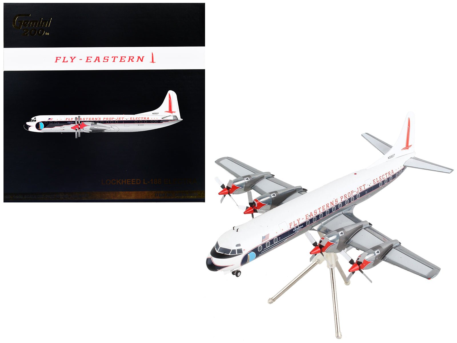 Lockheed L - 188 Electra Commercial Aircraft "Eastern Air Lines" White with Blue Stripes "Gemini 200" Series 1/200 Diecast Model Airplane by GeminiJets free shipping USA - Rapid Vehicles