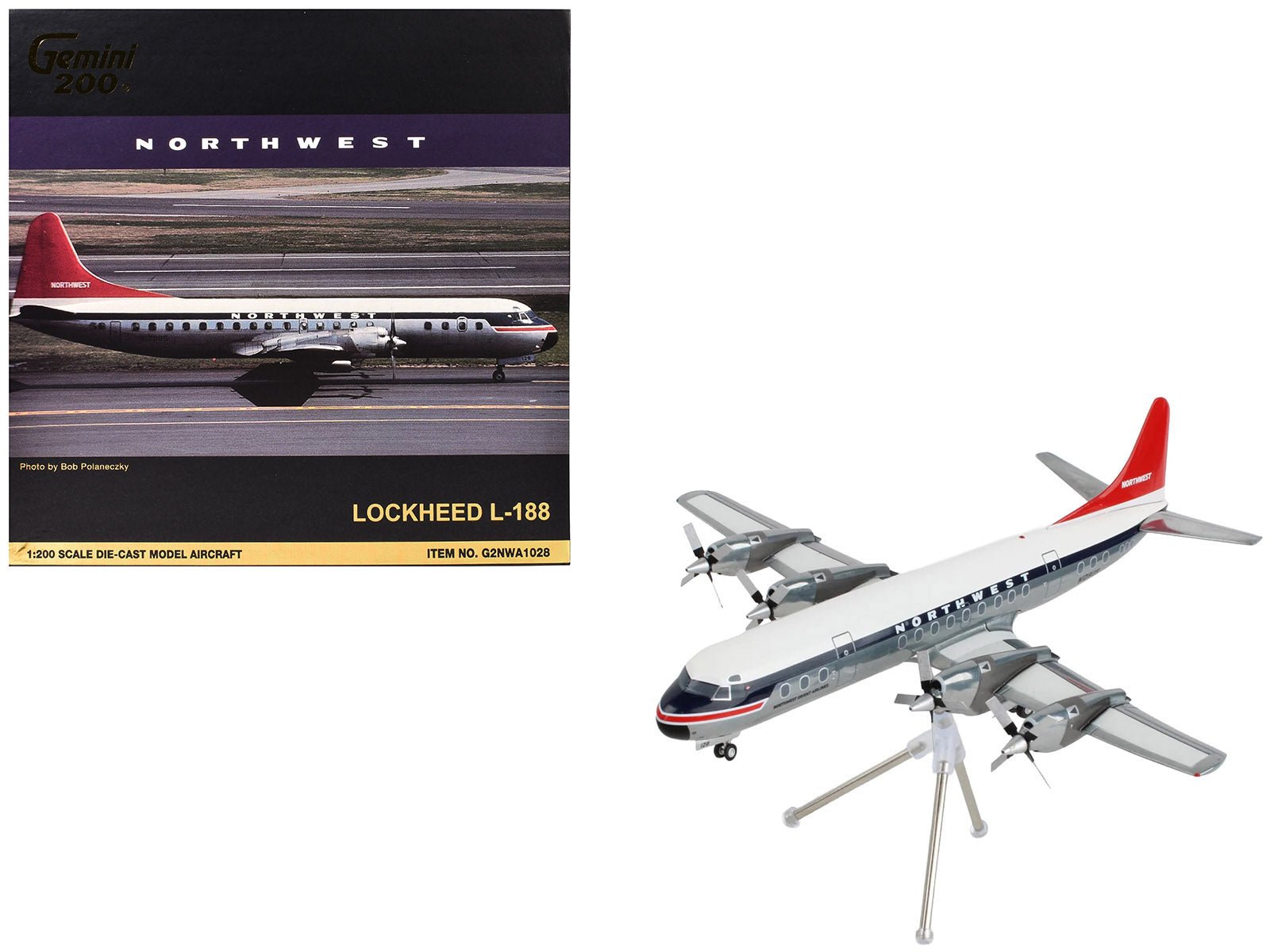 Lockheed L-188 Electra Commercial Aircraft "Northwest Orient" (N128US) White and Gray with Blue Stripes and Red Tail "Gemini 200" Series 1/200 Diecast Model Airplane by GeminiJets free shipping USA - Rapid Vehicles