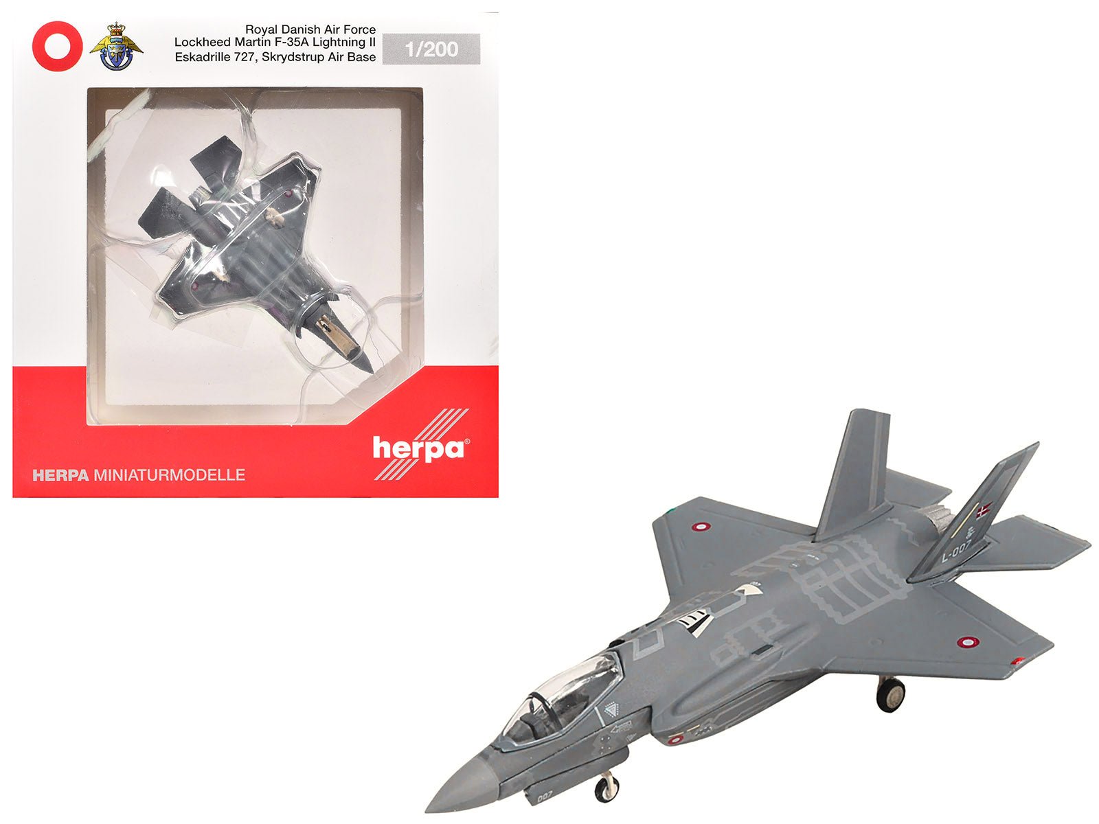 Lockheed Martin F-35A Lightning II Aircraft "Eskadrille 727 Skrydstrup Air Base" (L-007) Royal Danish Air Force 1/200 Diecast Model by Herpa free shipping USA - Rapid Vehicles