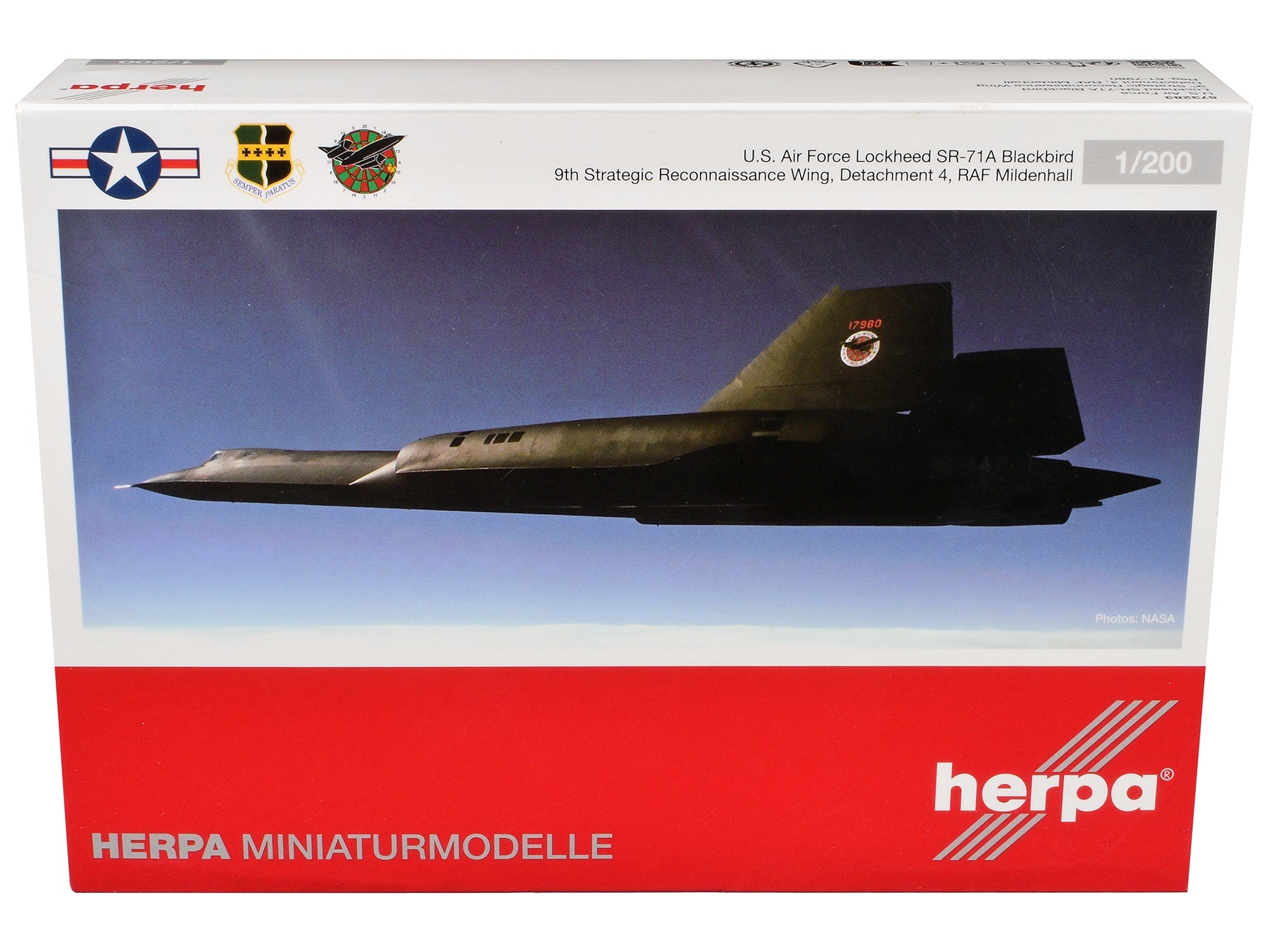 Lockheed SR - 71A Blackbird Stealth Aircraft "9th Strategic Reconnaissance Wing Detachment 4 RAF Mildenhall" United States Air Force 1/200 Diecast Model Airplane by Herpa free shipping USA - Rapid Vehicles
