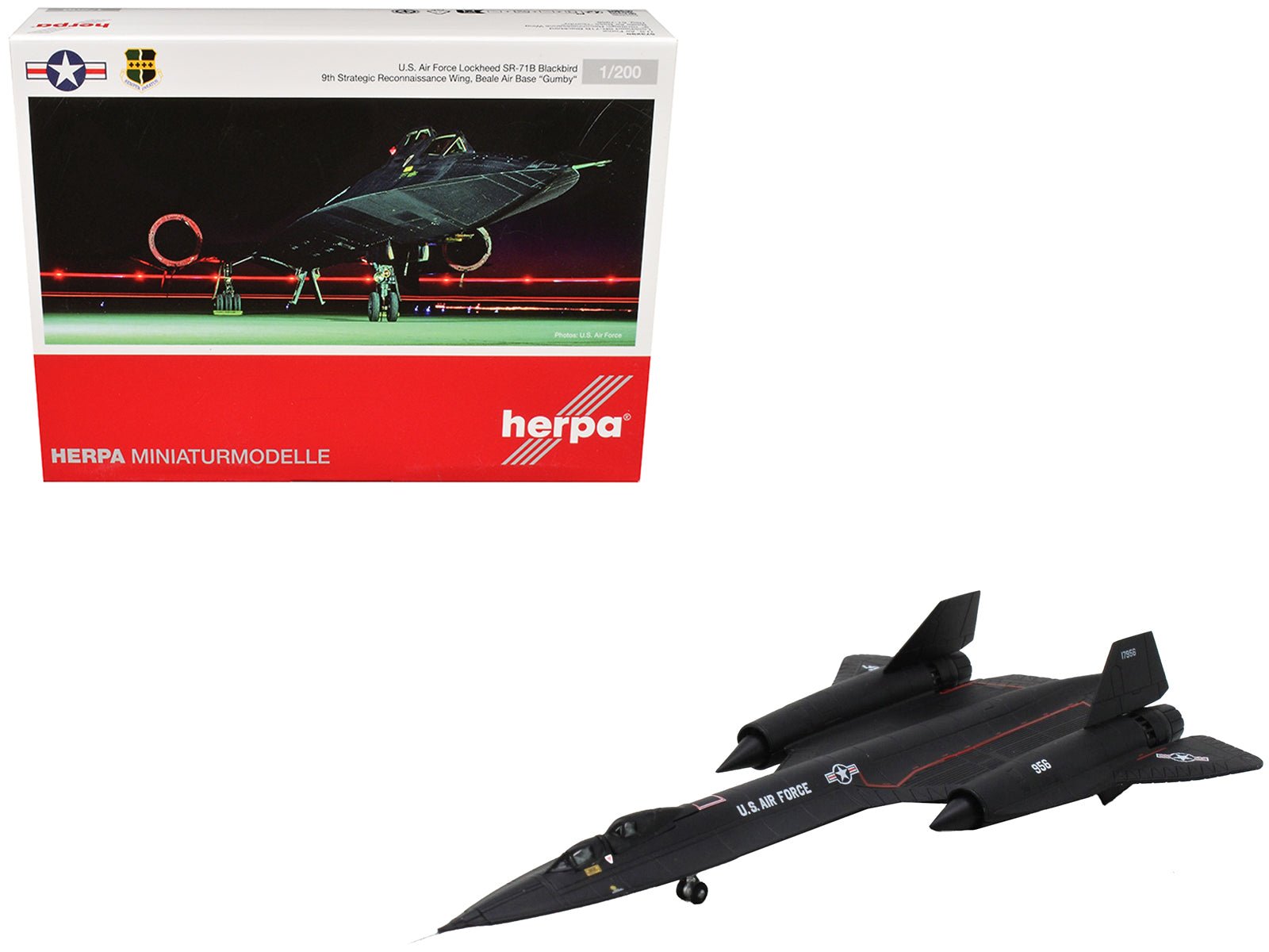 Lockheed SR - 71B Blackbird Stealth Aircraft "9th Strategic Reconnaissance Wing Beale Air Base Gumby" United States Air Force 1/200 Diecast Model Airplane by Herpa free shipping USA - Rapid Vehicles