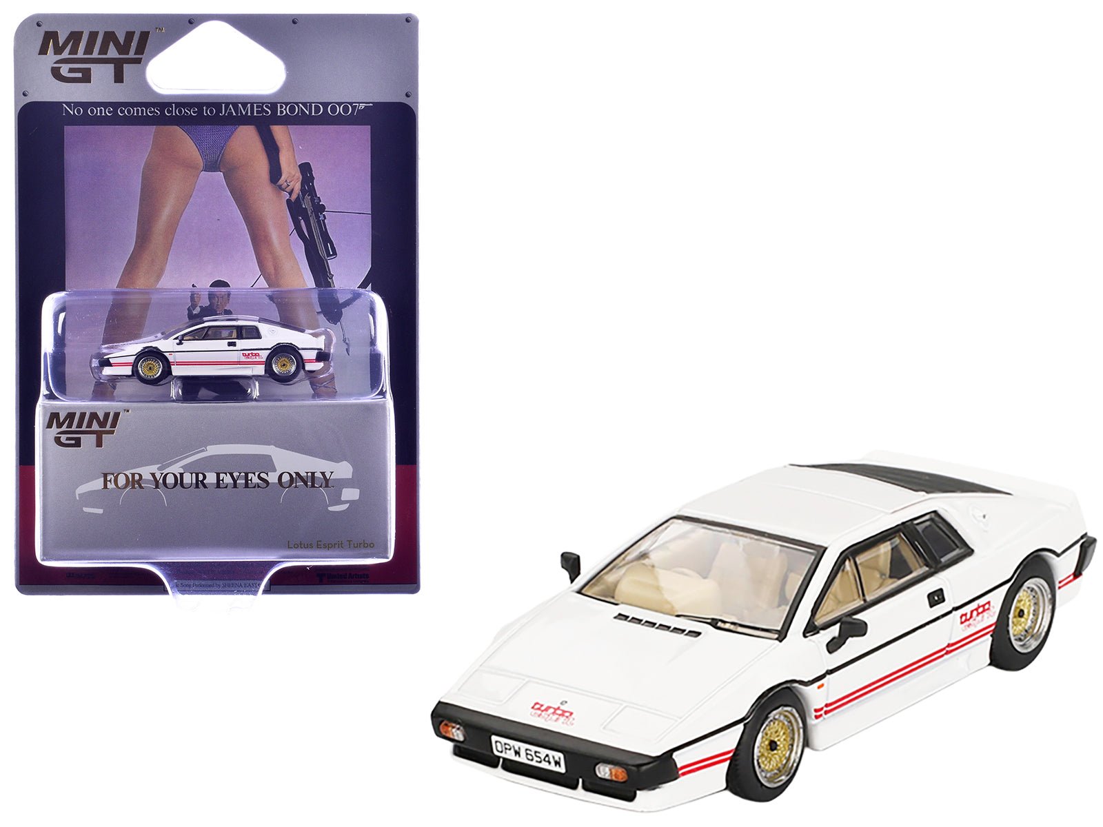 Lotus Esprit Turbo RHD (Right Hand Drive) White with Red Stripes 007 James Bond "For Your Eyes Only" (1981) Movie Limited Edition 1/64 Diecast Model Car by Mini GT free shipping USA - Rapid Vehicles
