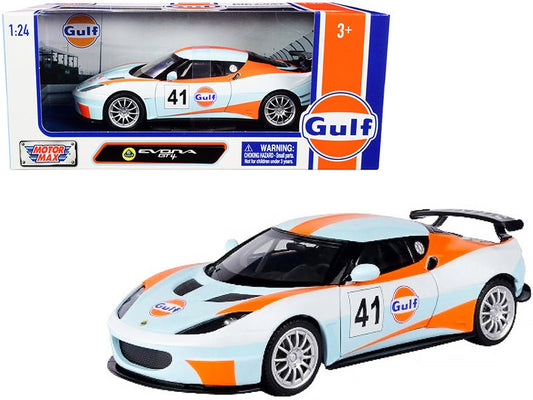 Lotus Evora GT4 41 "Gulf Oil" Light Blue with White and Orange Stripes 1/24 Diecast Model Car by Motormax free shipping USA - Rapid Vehicles