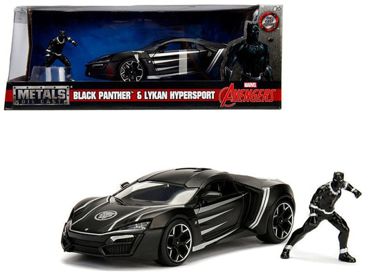 Lykan Hypersport Black with Black Panther Diecast Figurine "Avengers" "Marvel" Series 1/24 Diecast Model Car by Jada free shipping USA - Rapid Vehicles