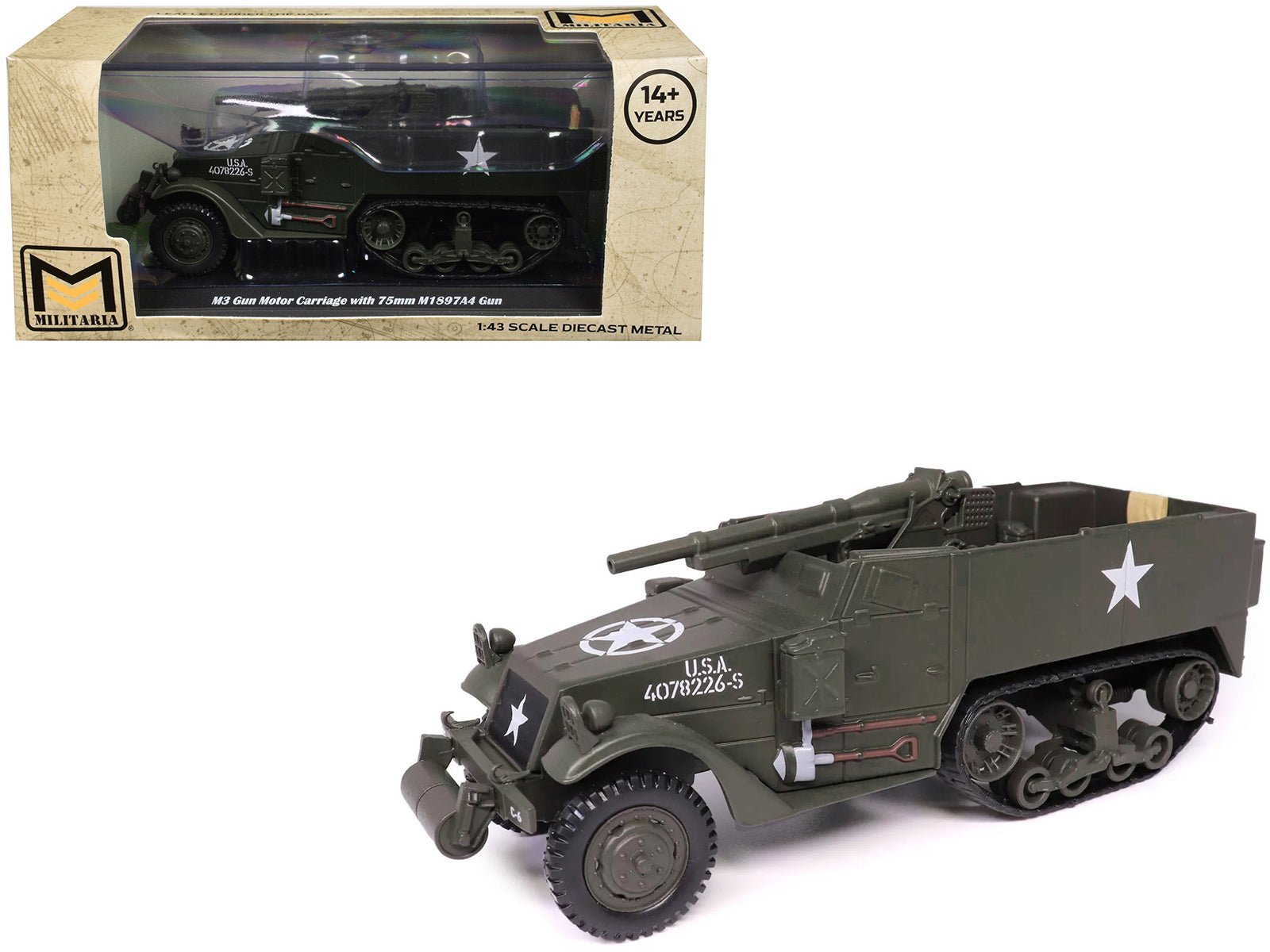 M3 Gun Motor Carriage with 75mm M1897A4 Gun Olive Drab "United States Army" 1/43 Diecast Model by Militaria Die Cast free shipping USA - Rapid Vehicles