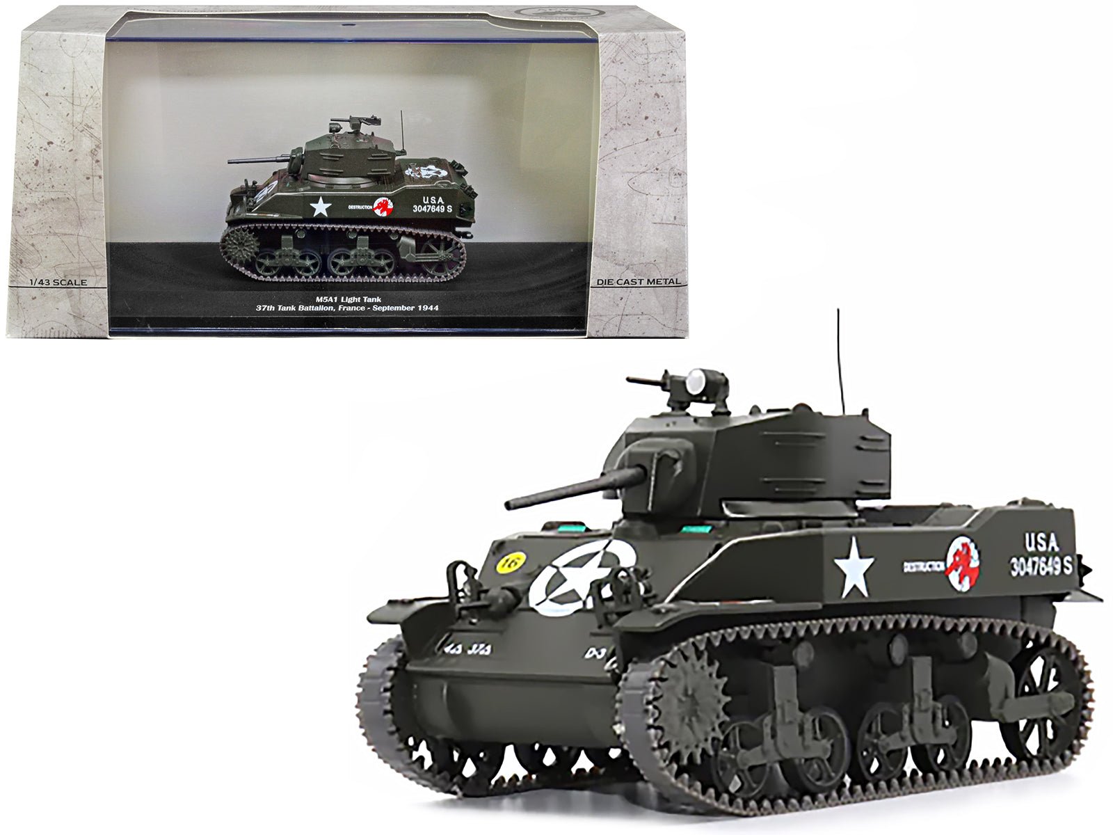 M5A1 Light Tank 16 "Destruction" "U.S.A. 37th Tank Battalion France September 1944" 1/43 Diecast Model by AFVs of WWII free shipping USA - Rapid Vehicles
